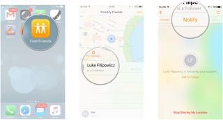 Launch Find My Friends. Tap the contact card of someone you're sharing your location with. Tap Notify.