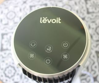 A closeup of the controls of the Levoit 36 Inch Tower Fan
