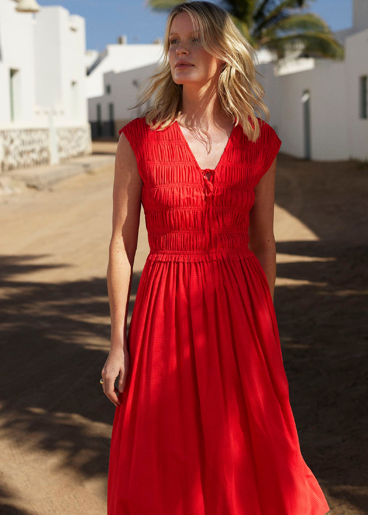 Red Shirred Bodice V Neck Dress