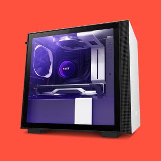 The NZXT H210i mini-ITX case on a red background