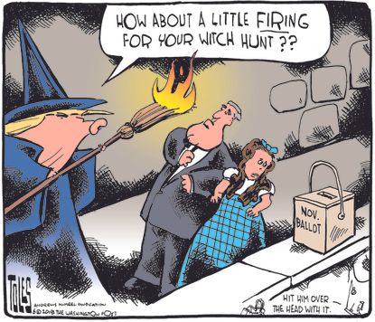 Political cartoon U.S. Trump witch hunt midterm elections Mueller Russia investigation Wizard of Oz