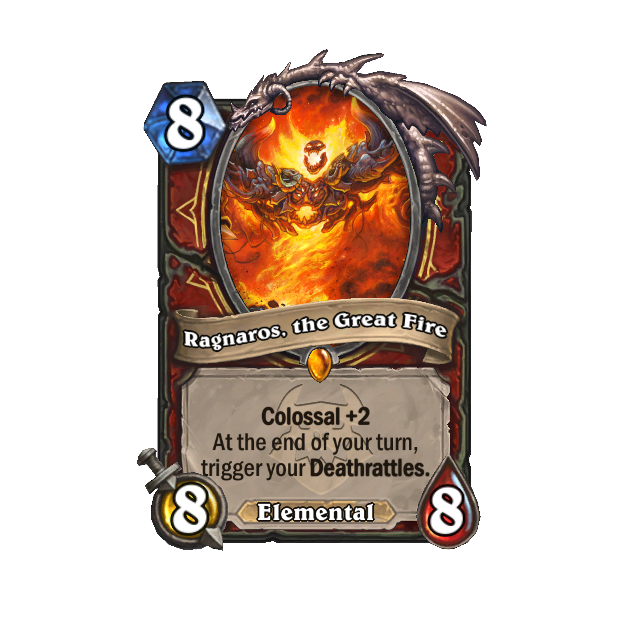 A Hearthstone card from the upcoming Cataclysm expansion. A rectangular card with the fire lord Ragnaros at the top. A dragon-themed frame curves around him.
