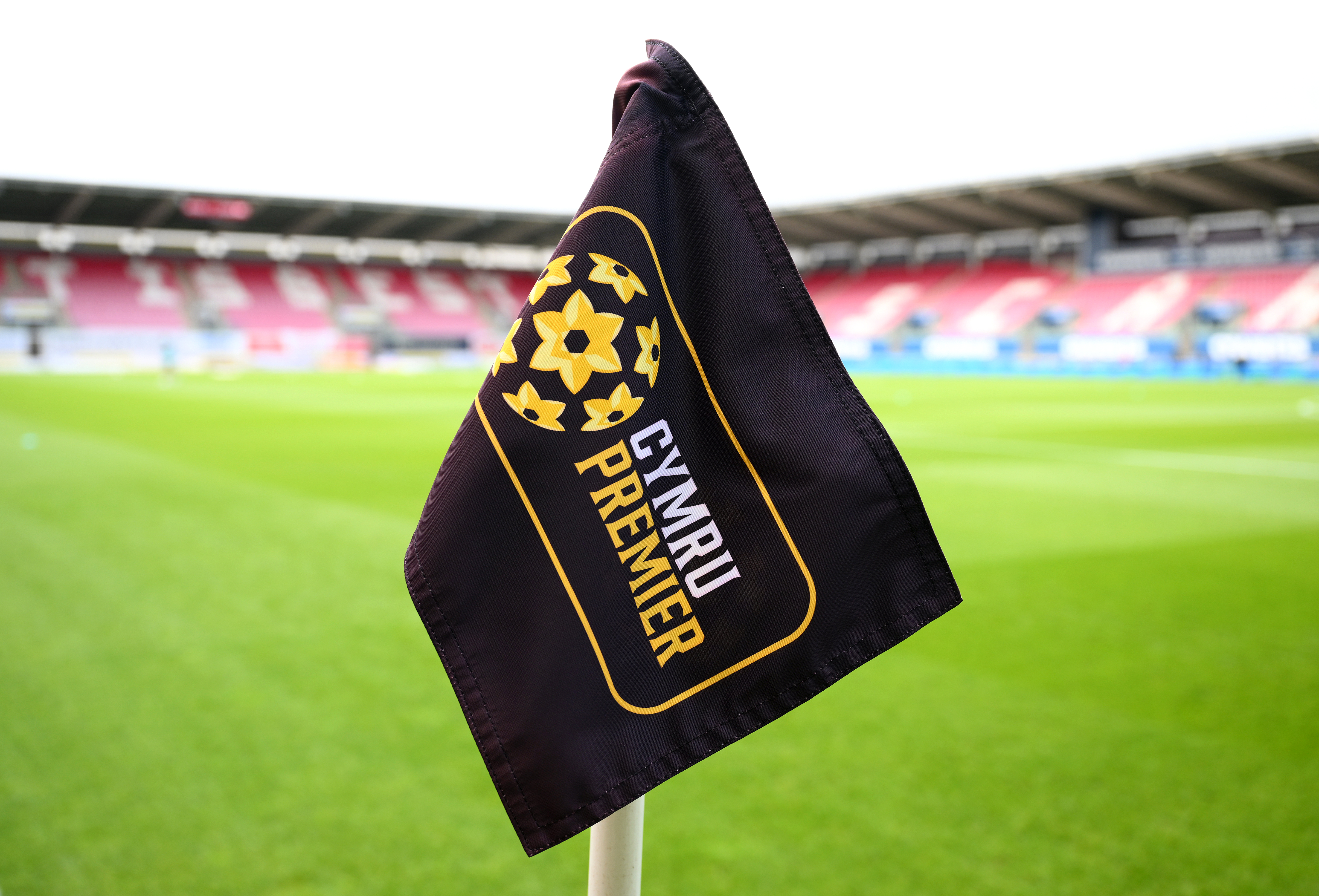LLANELLI, WALES - JULY 17: A detailed view of a Cymru Premier branded corner flag prior to the UEFA Europa Conference First Qualifying Round Second Leg match between Haverfordwest County and Floriana at Parc y Scarlets on July 17, 2025 in Llanelli, Wales. (Photo by Simon Galloway/Getty Images)