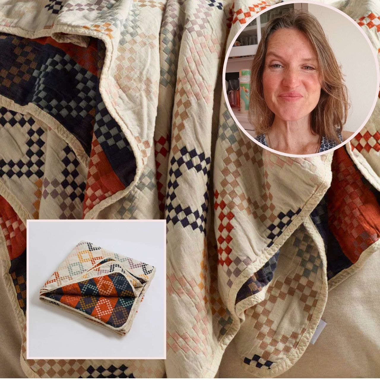The Secret Linen Store Jolene 100% Cotton Quilted Throw alongside a small portrait of Tester Network member Emily Light