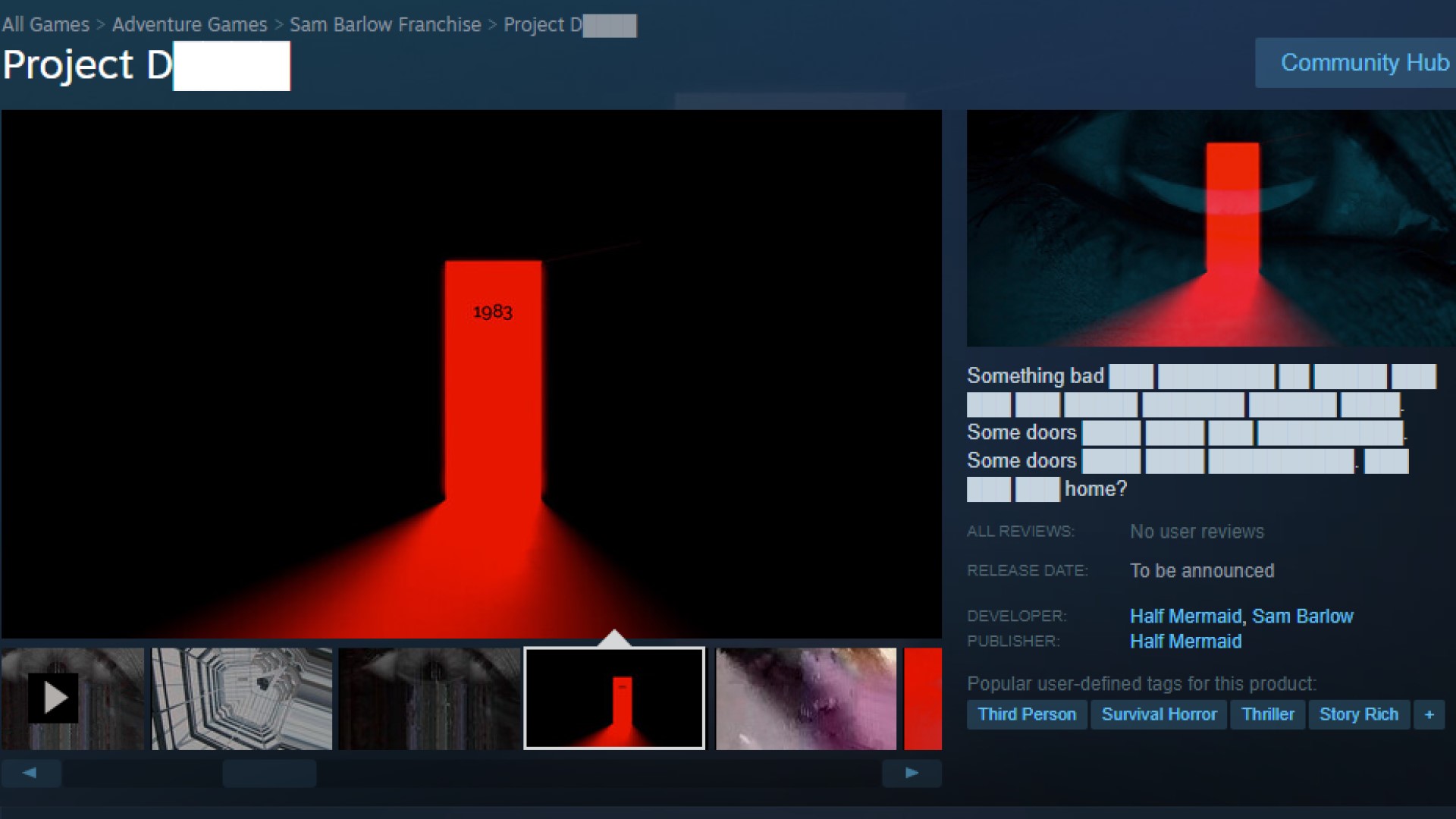  Целевая страница Project D в Steam с загадочным красным изображением двери