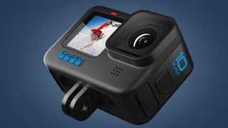 The GoPro Hero 10 Black on a blue background