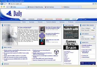 An overall view of Internet Explorer 7. Unlike previous versions of IE, there is no toolbar above the URL bar. Taking a page from the list of Firefox features, tabbed browsing has also been introduced.