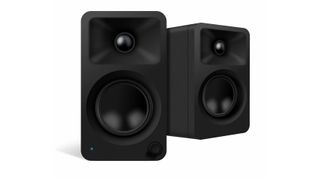 Black Kanto Audio ORA4 desktop speakers on a white background