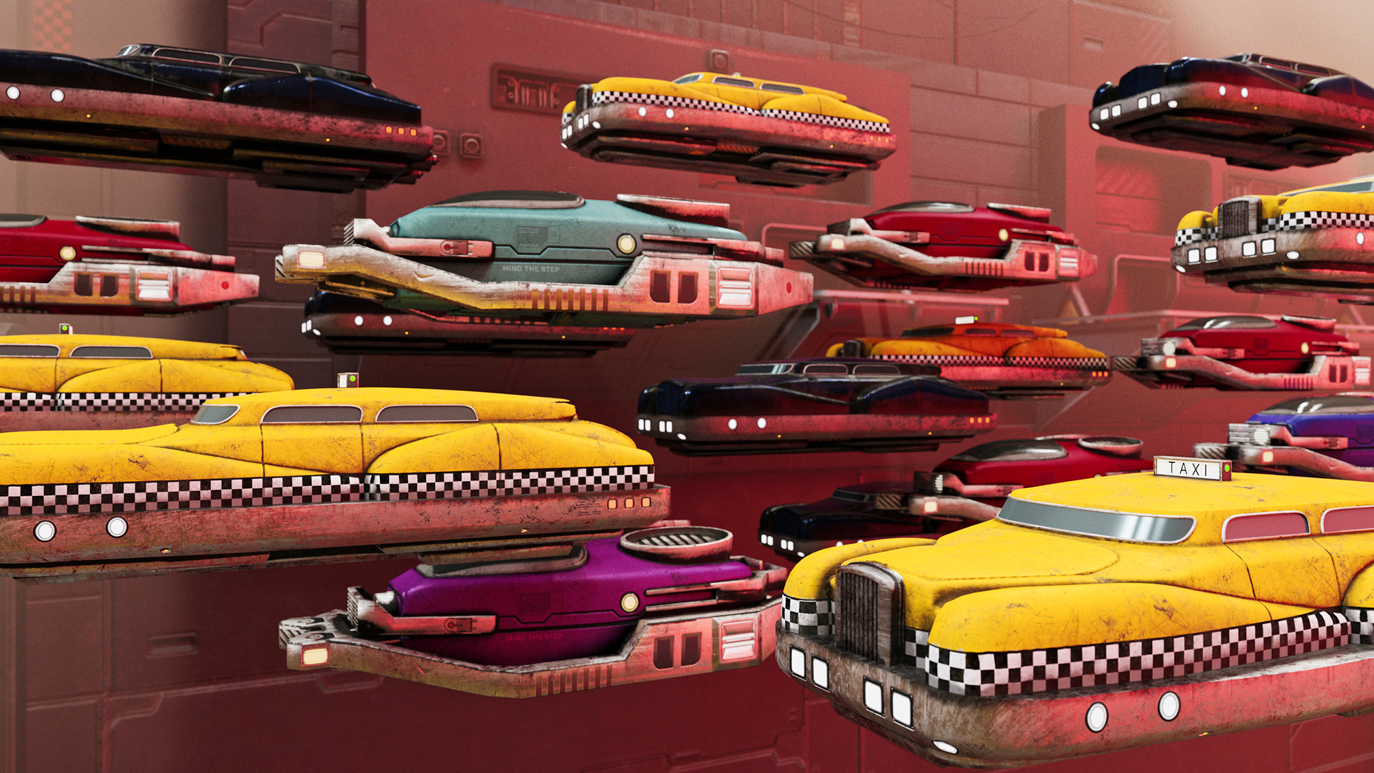 A series of floating cars in a cartoon.