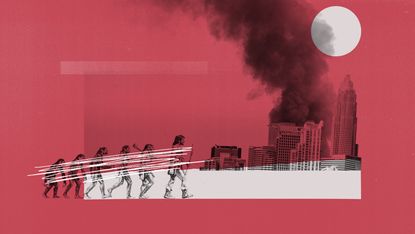 An illustrated image of the evolution of humans, marching toward a city on fire