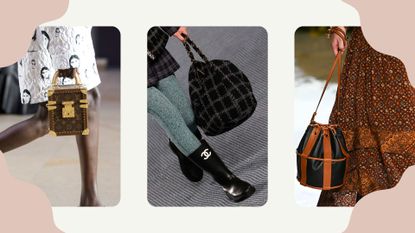 handbag trends 2022: shots of three handbags on the runway from Louis Vuitton, Chanel and Ulla Johnson