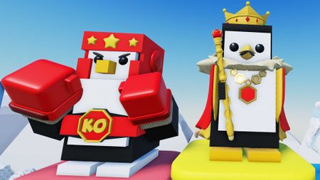 Two penguins dressed in fighter and kingly attire from the Roblox game Knockout!