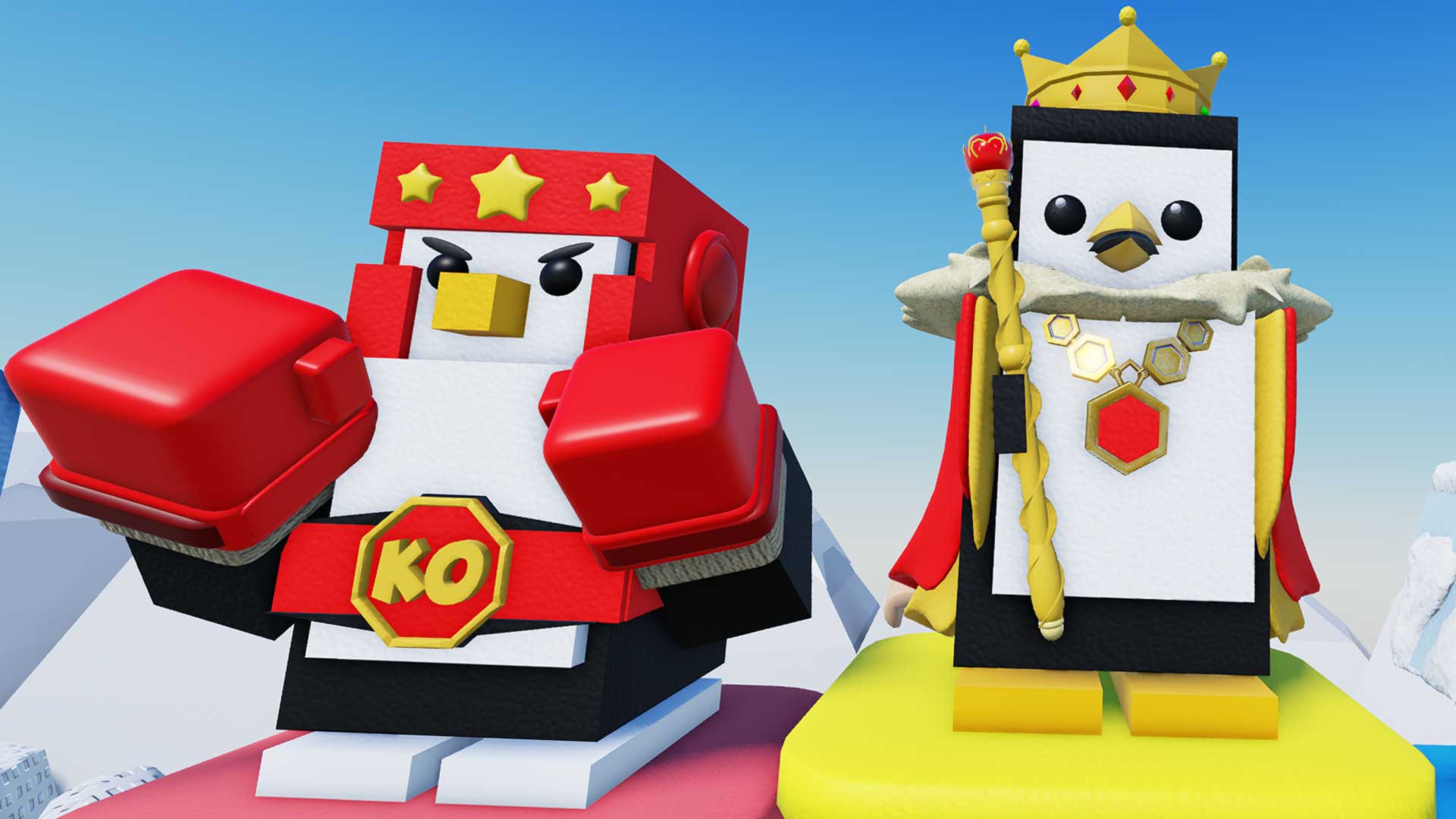 Two penguins dressed in fighter and kingly attire from the Roblox game Knockout!