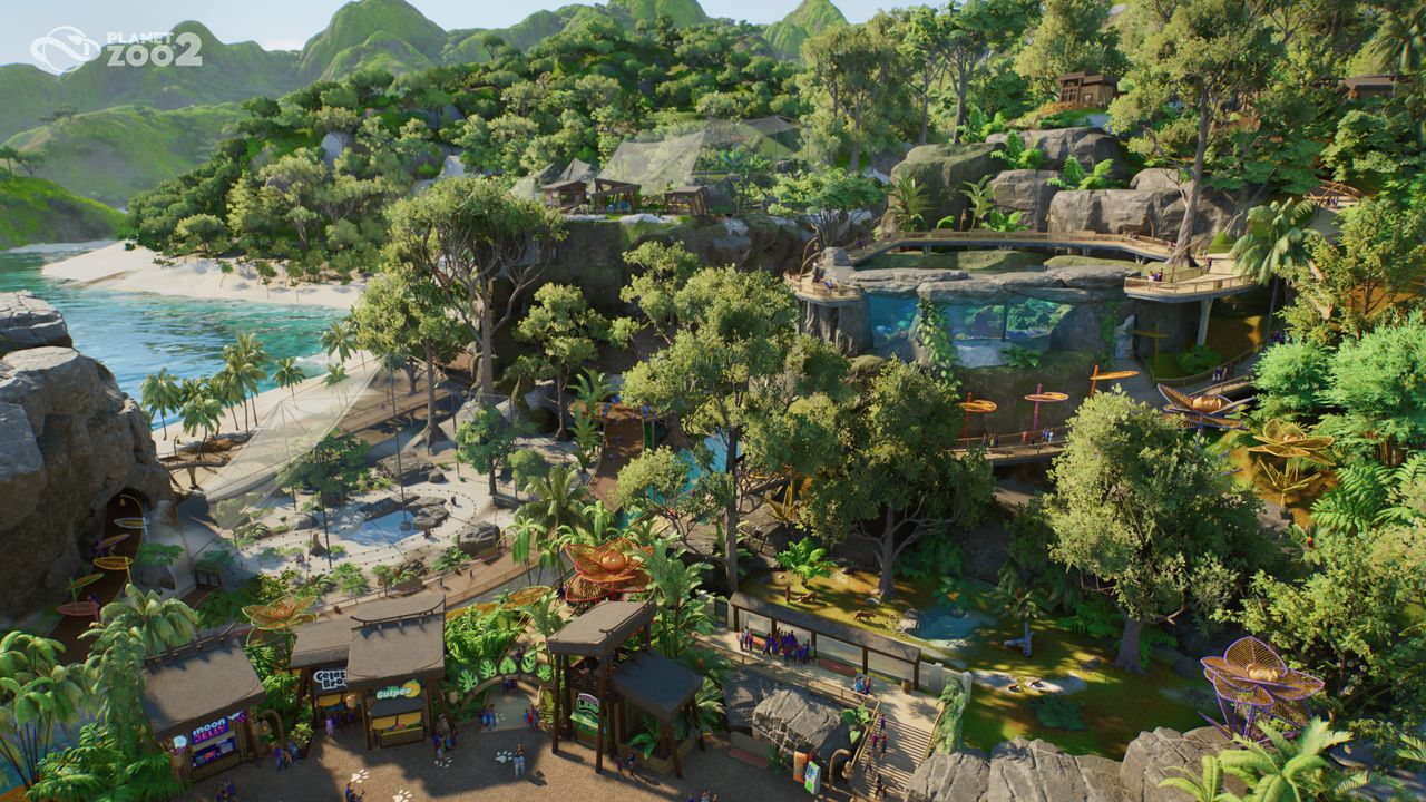 A vista of an island zoo in in Planet Zoo 2