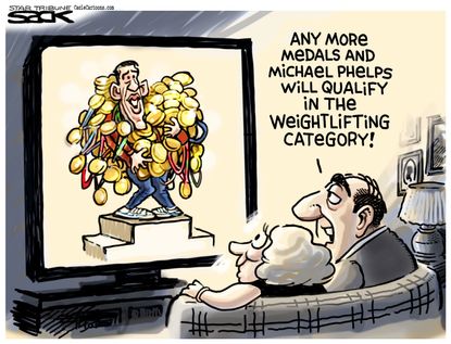 Editorial cartoon US Rio Olympics 2016 Michael Phelps medals