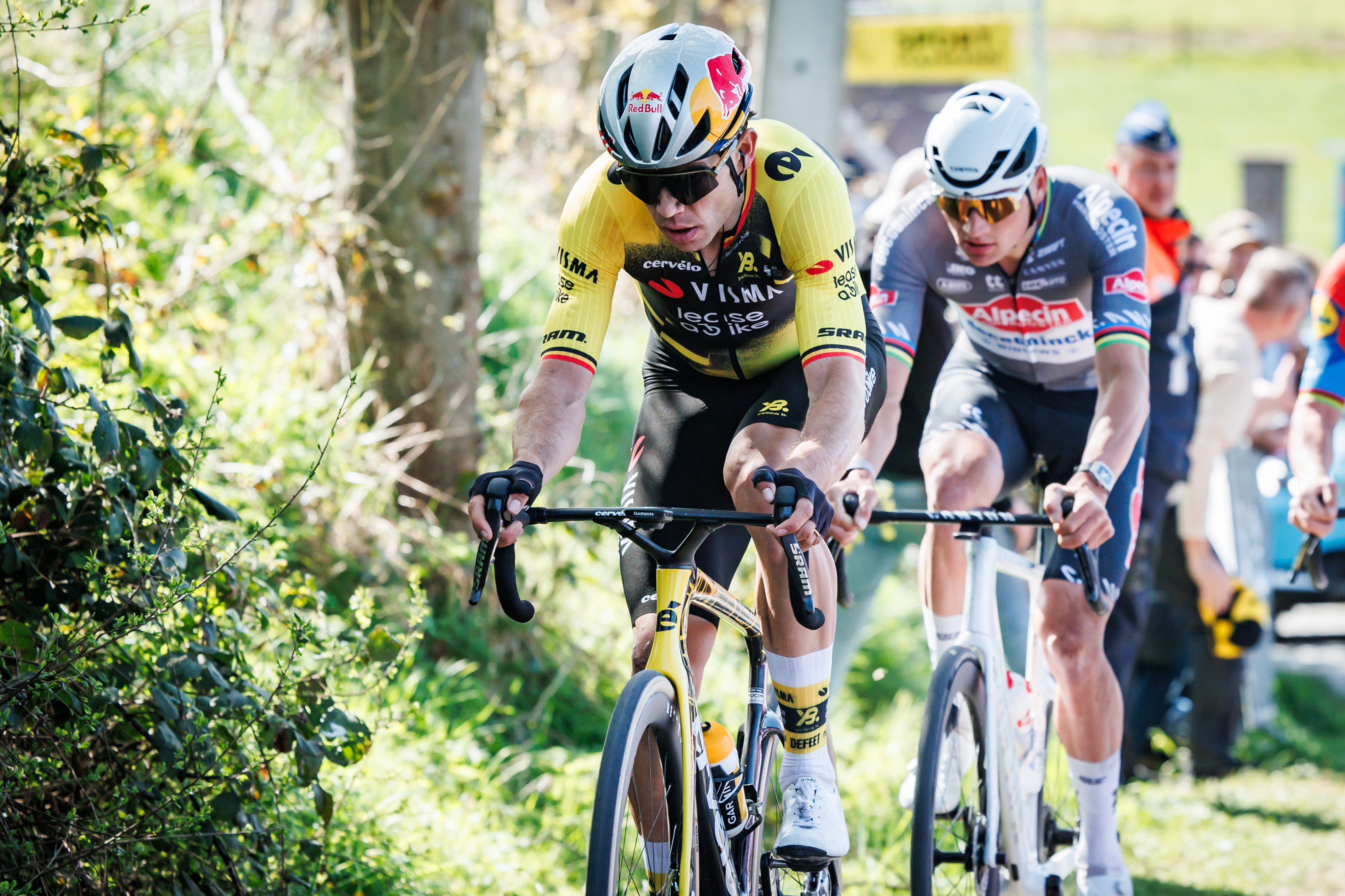 Wout van Aert and Mathieu van der Poel race at the 2025 Tour of Flanders