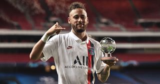 Neymar of Paris Saint-Germain poses for a photo with his UEFA Champions League Man of the Match award after the UEFA Champions League Quarter Final match between Atalanta and Paris Saint-Germain at Estadio do Sport Lisboa e Benfica on August 12, 2020 in Lisbon, Portugal.