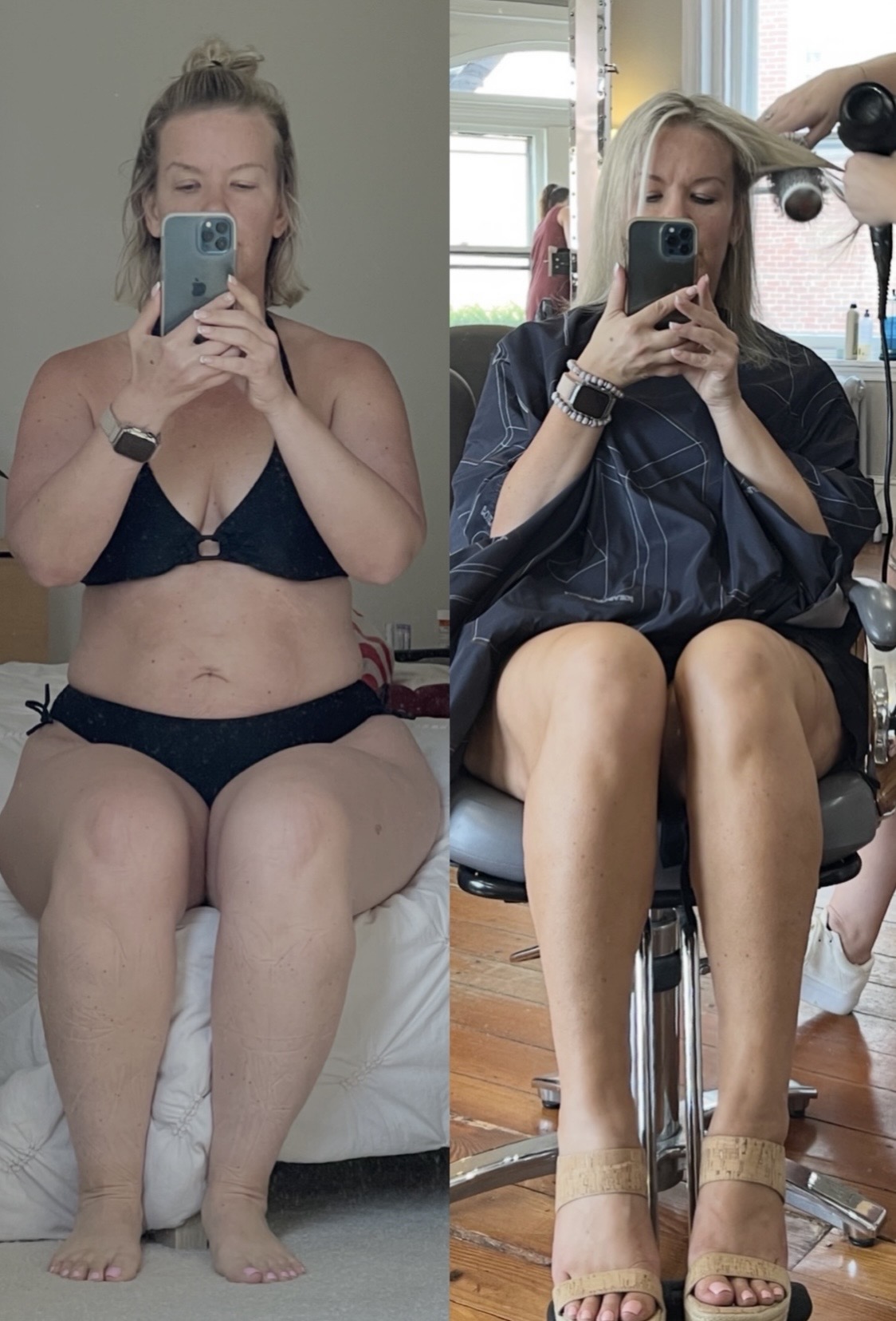 a white woman in a before and after photo duo, seated in a chair