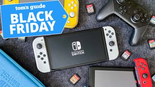 nintendo switch consoles on carpet with black friday deal tag