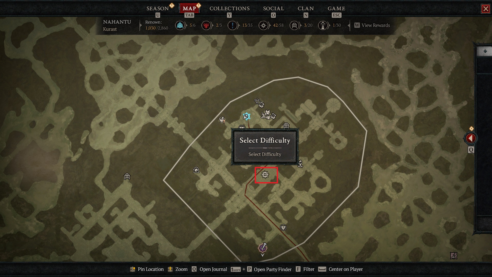 Image showing map in Diablo 4 with difficulty change location