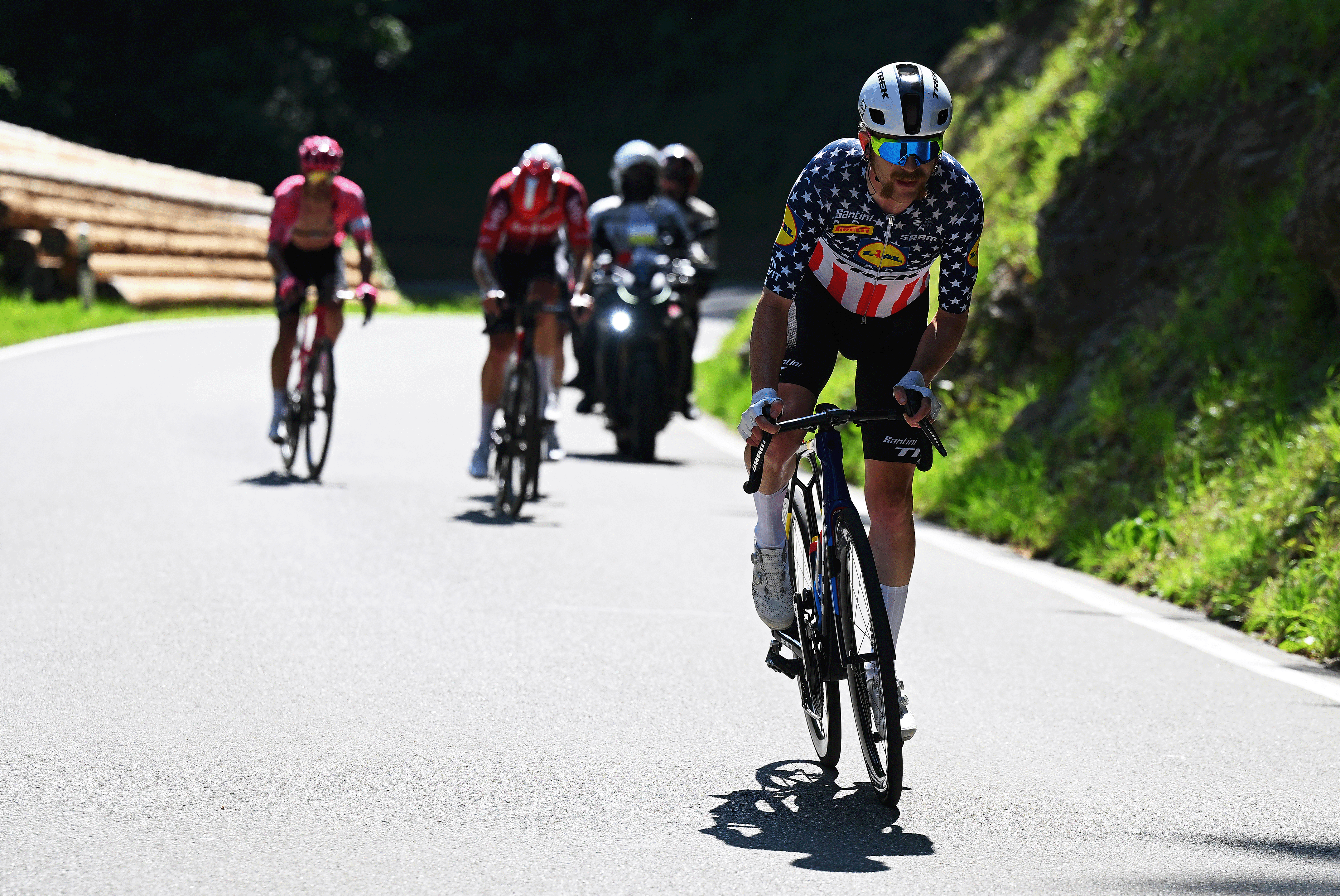 HEIDEN, SWITZERLAND - JUNE 17: Quinn Simmons of United States and Team Lidl - Trek competes in the breakaway during the 88th Tour de Suisse, Stage 3 a 195.6km stage from Aarau to Heiden 809m / #UCIWT / on June 17, 2025 in Aarau, Switzerland. (Photo by Tim de Waele/Getty Images)