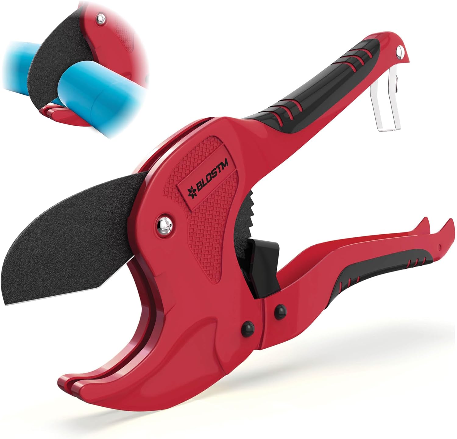 Blostm Plastic Pipe Cutter - Heavy Duty Ratchet Pipe Cutters With 42mm Outside Diameter Cutting Capacity for Pvc Pex Ppr Plastic Pipes &amp;amp; Rubber Hoses, Ergonomic Non-Slip Handle &amp;amp; Safety Lock (red)