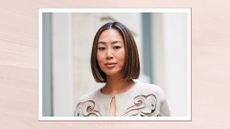 Collage of image showing Aimee Song wears a bangle, a beige embroidered cape dress with transparent inlays outside Valentino , during the Womenswear Fall/Winter 2024/2025 as part of Paris Fashion Week on March 03, 2024 in Paris, France on a pink watercolour background