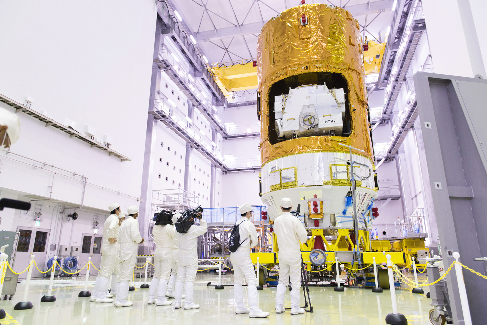 The Japan Aerospace Exploration Agency&#039;s Kounotori7 cargo ship undergoes preflight work ahead of a scheduled September 2018 launch from Tanegashima Space Center in southern Japan. After some delays, the spacecraft will launch on an H-IIB rocket at 2:15 p.