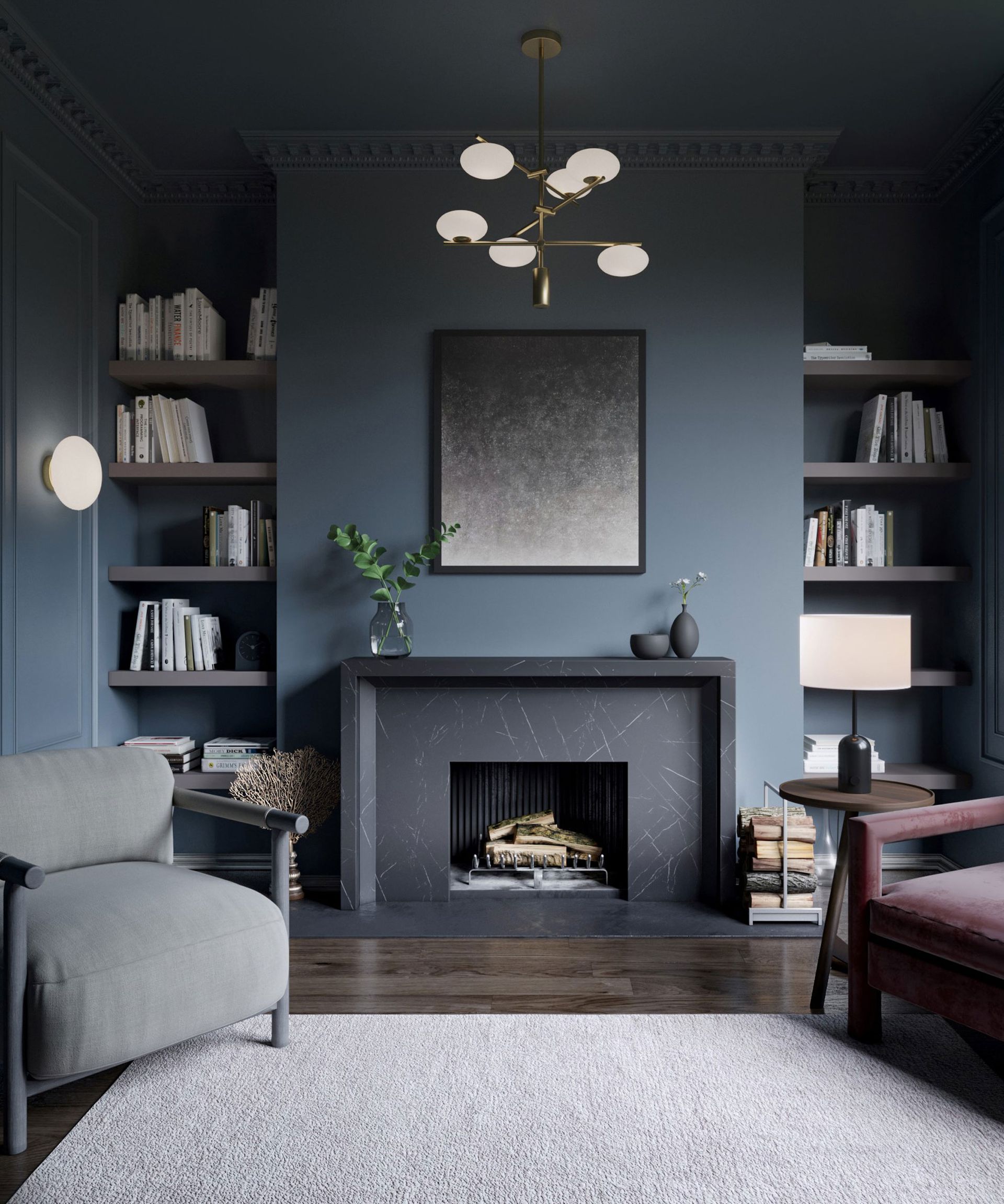 A grey living room with muted furniture and a selection of living room lighting.