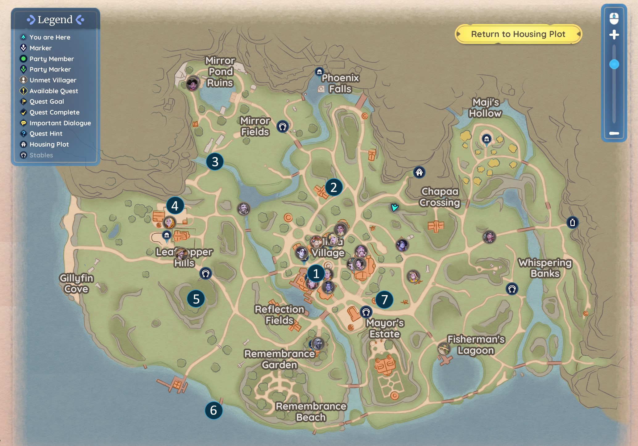 Palia - a full map of Kilimia Village showing the locations of 7 winterlights presents