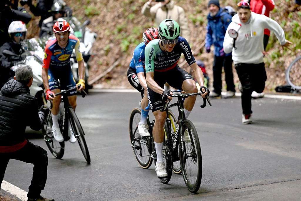 CORNO ALLE SCALE, ITALY - MAY 17: Felix Gall of Austria and Team Decathlon CMA CGM competes during the 109th Giro d&amp;apos;Italia 2026, Stage 9 a 184km stage from Cervia to Corno alle Scale 1469m / #UCIWT / on May 17, 2026 in Corno alle Scale, Italy. (Photo by Dario Belingheri/Getty Images)