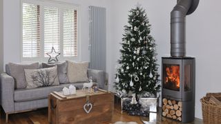 white living room with log burner and christmas tree positioned in the safest place to show how to cat proof christmas trees