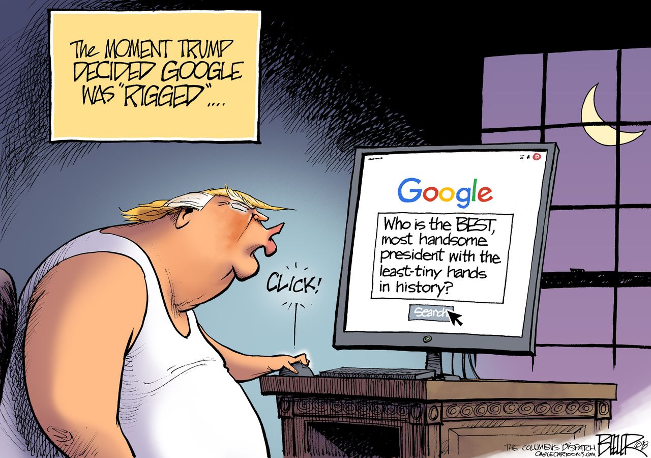 Political cartoon U.S. Trump Google regulation fake news tiny hands rigged