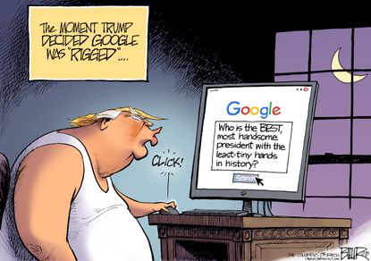 Political cartoon U.S. Trump Google regulation fake news tiny hands rigged