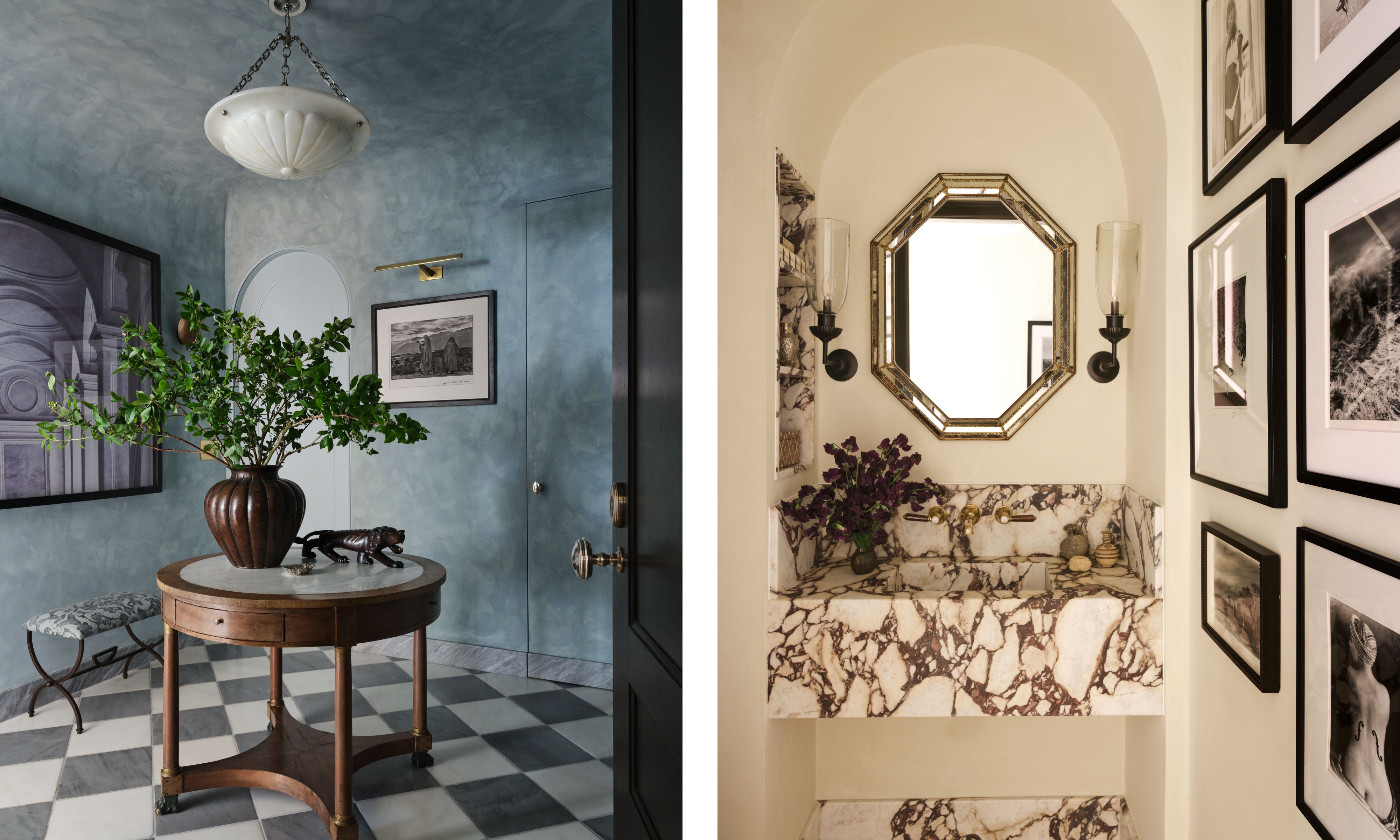 two side by side images of a blue limewashed entry with checkerboard floor and a small neutral powder room with statement marble