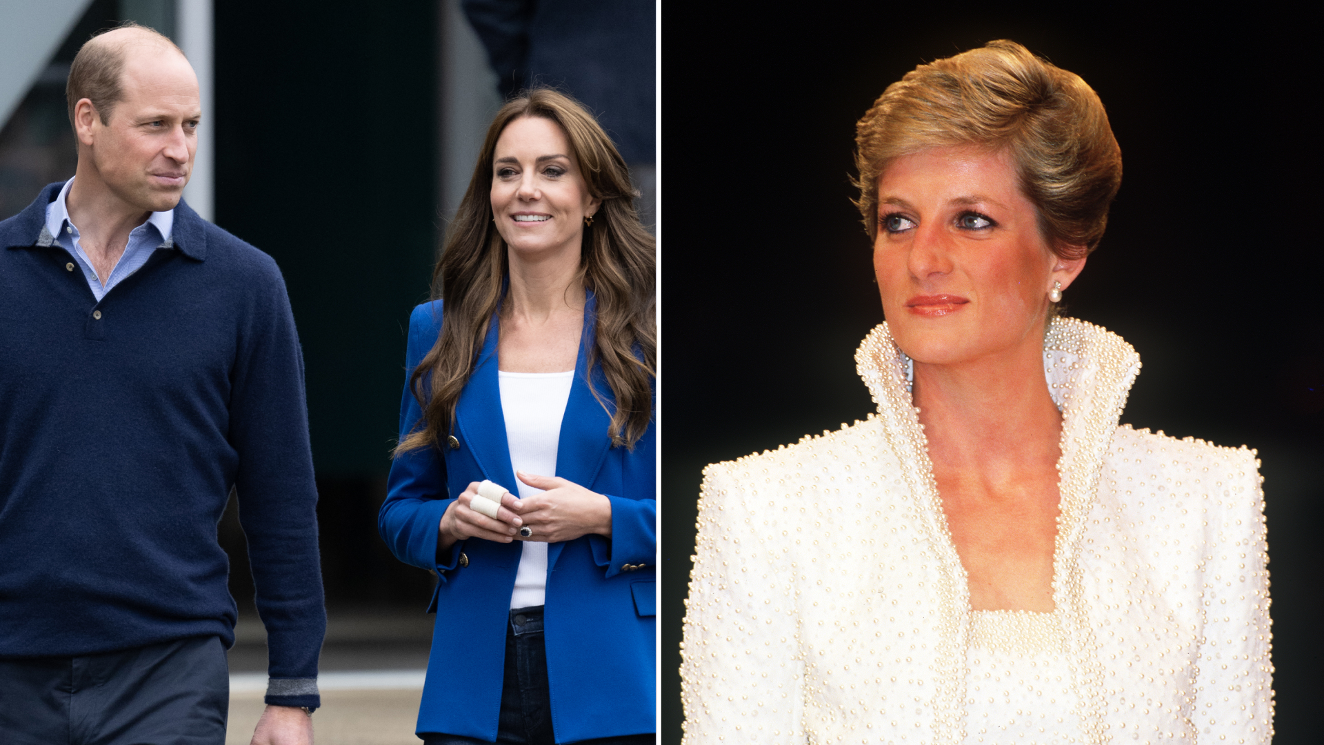 Prince William wears a blue sweater and shirt, and Kate Middleton wears a blue blazer and white T-shirt, while Princess Diana wears a blazer adorned with pearls