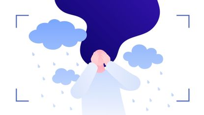 illustration of woman with rain clouds around here on white background 