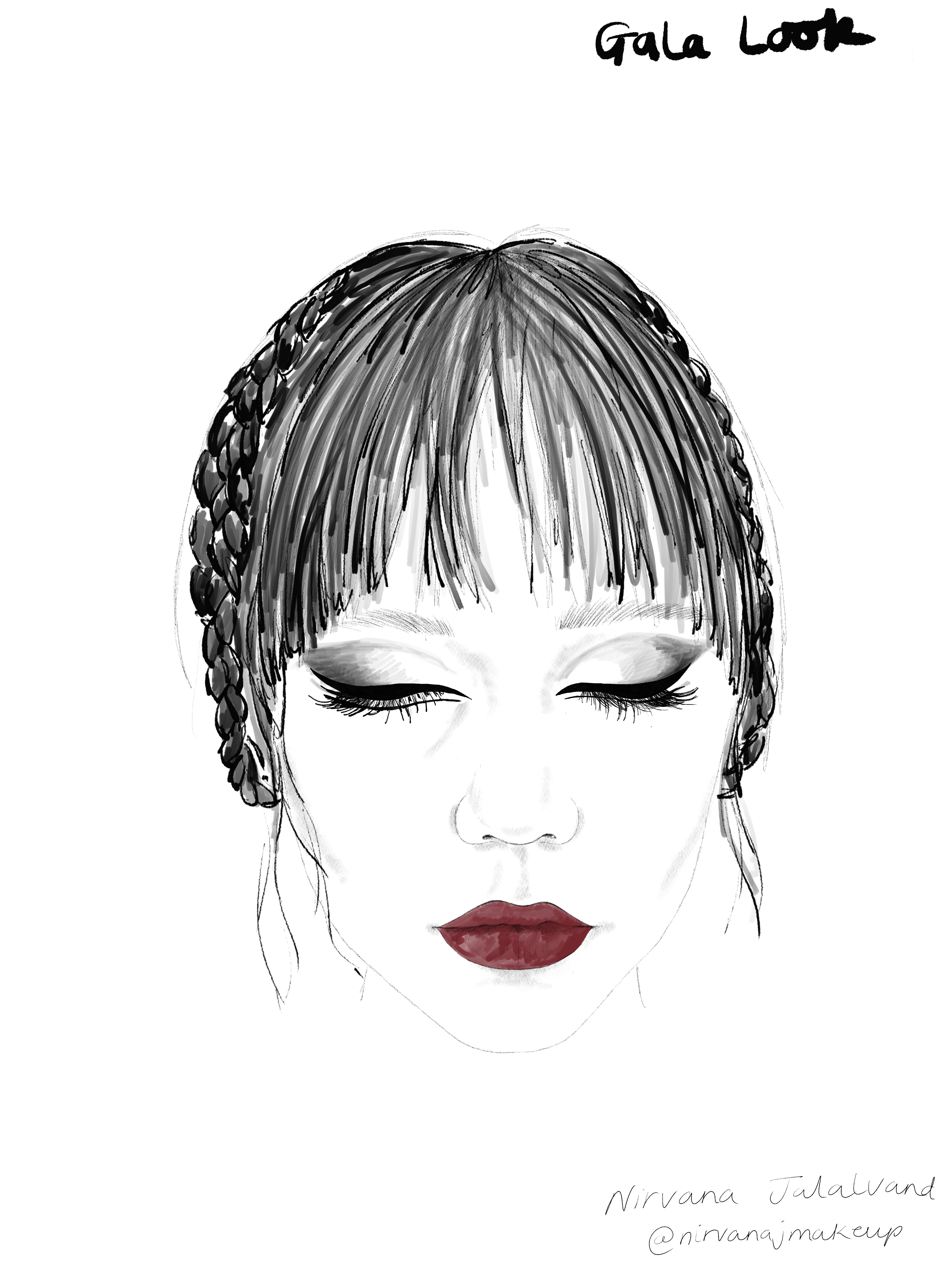 Nirvana Jalalvand&#039;s face chart for Wednesday&#039;s gala makeup and hair look.