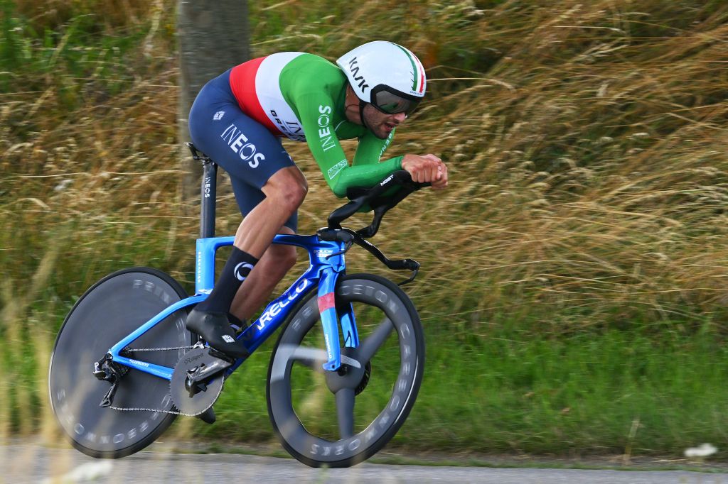 MONS BELGIUM JULY 25 Filippo Ganna of Italy and Team INEOS Grenadiers sprints during the 44th EthiasTour de Wallonie 2023 Stage 4 a 327km individual time trial from Mons to Mons on July 25 2023 in Mons Belgium Photo by Luc ClaessenGetty Images