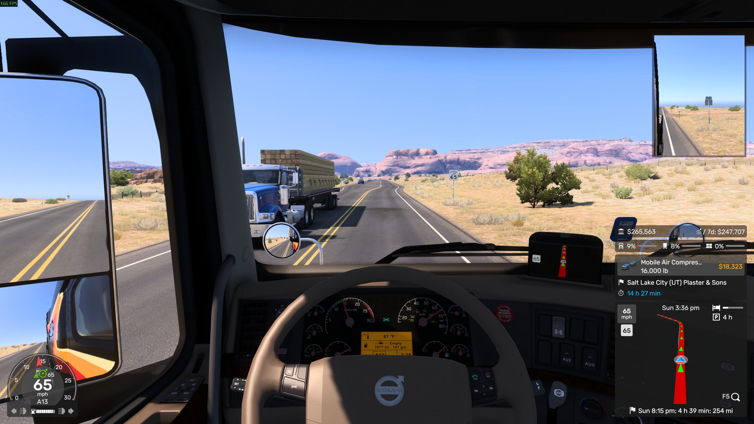 A screenshot from American Truck Simulator inside the cab of a 2014 Volvo VNL 730 driving along a road in Utah.