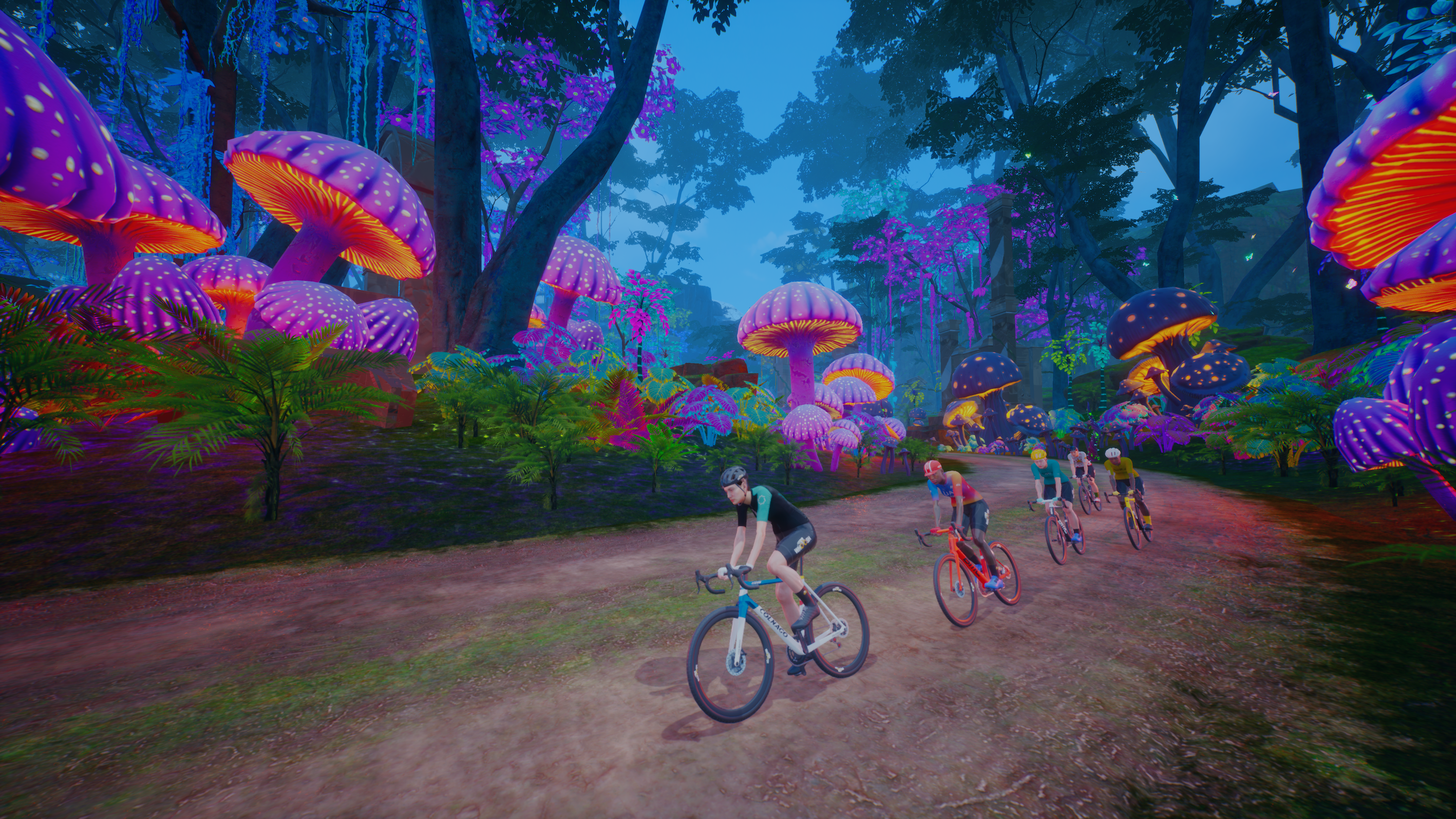 MyWhoosh virtual cycling world filled with brightly coloured mushrooms and cyclists