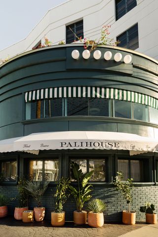 The exterior dark green façade of a hotel features retro curtains and lighting and a series of potted plants in beautiful argilla vases.