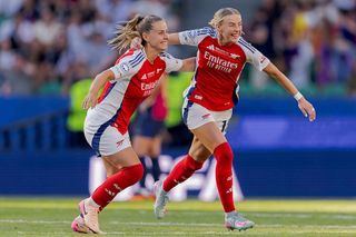 Victoria Pelova of Arsenal Women, Chloe Kelly of Arsenal Women celebrating the UEFA Champions League Women victory during the UEFA Champions League Women match between Arsenal Women v FC Barcelona Women at the Estadio Jose Alvalade on May 24, 2025 in Lisbon Portugal