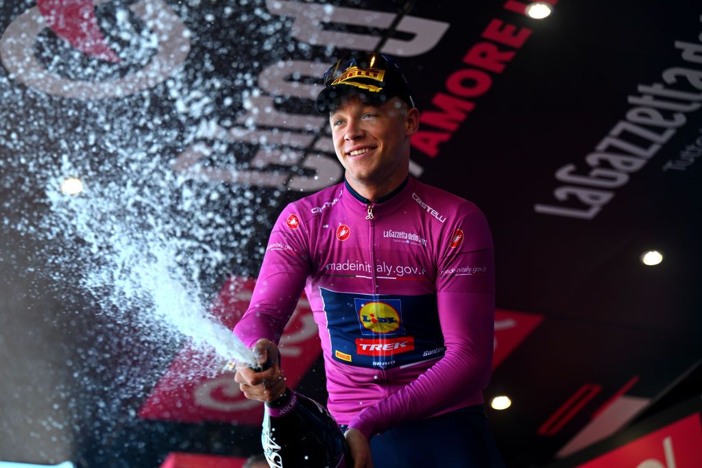 ANDORA ITALY MAY 07 Jonathan Milan of Italy and Team Lidl Trek celebrates at podium as Purple Points Jersey winner during the 107th Giro dItalia 2024 Stage 4 a 190km stage from Acqui Terme to Andora UCIWT on May 07 2024 in Andora Italy Photo by Tim de WaeleGetty Images