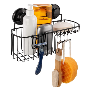 A black shower caddy with brushes, razor, and bathroom products