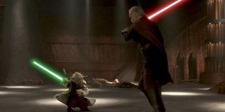 Yoda and Count Dooku in a lightsaber duel