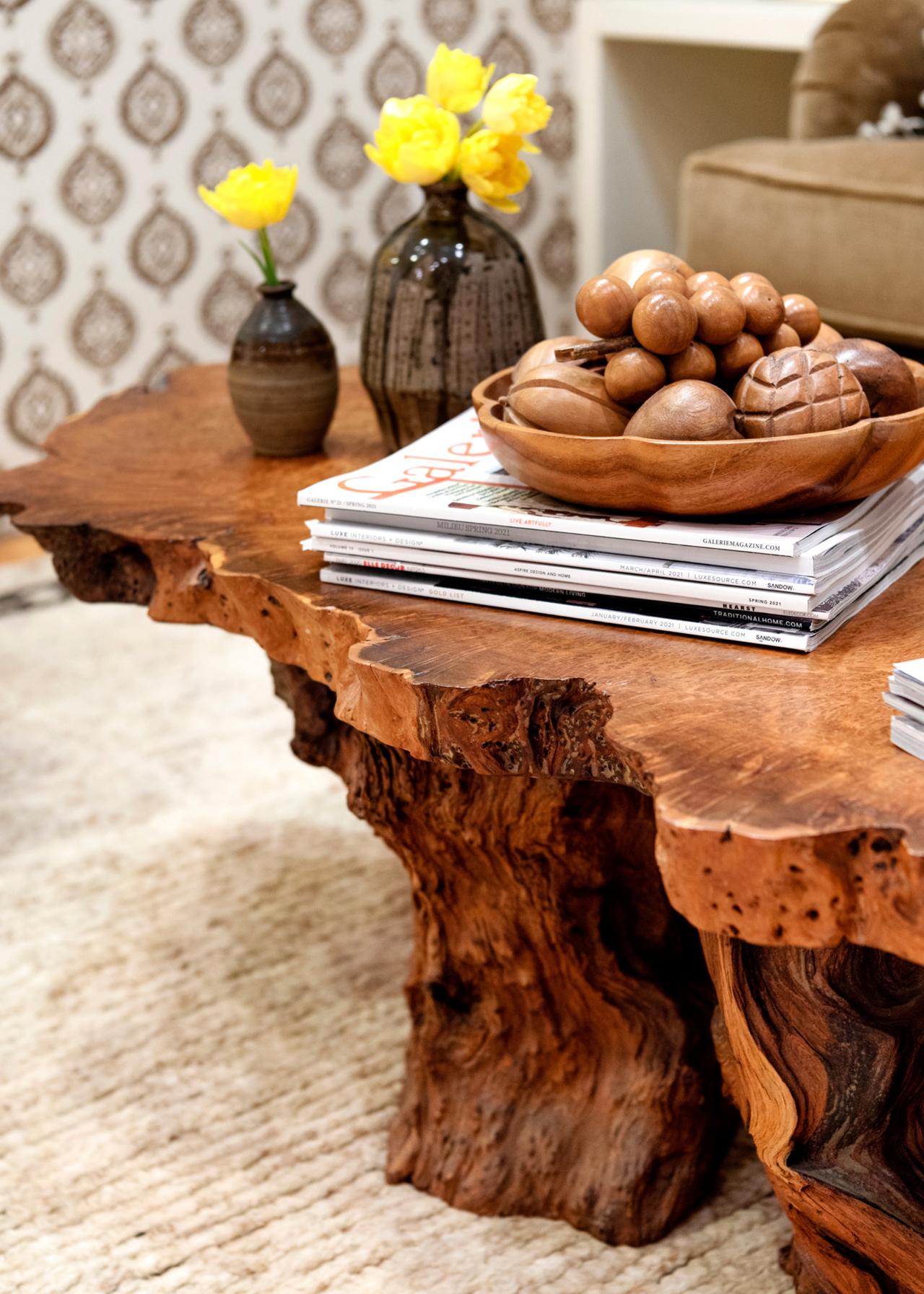 Heather Petersen's burl wood coffee table in her home