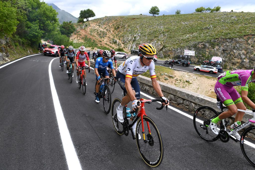 CAMPO FELICE ROCCA DI CAMBIO ITALY MAY 16 Einer Augusto Rubio Reyes of Colombia and Movistar Team Luis Leon Sanchez Gil of Spain and Team Astana Premier Tech in the Breakaway during the 104th Giro dItalia 2021 Stage 9 a 158km stage from Castel di Sangro to Campo Felice Rocca di Cambio 1665m girodiitalia Giro UCIworldtour on May 16 2021 in Campo Felice Rocca di Cambio Italy Photo by Tim de WaeleGetty Images