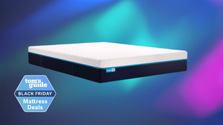 An image of the Simba Hybrid Mattress floating on an ethereal background. A Black Friday deal badge is seen in the bottom left foreground. 