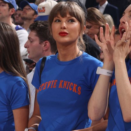 collage of celebrity denim outfits at the Knicks vs Spurs Game 4